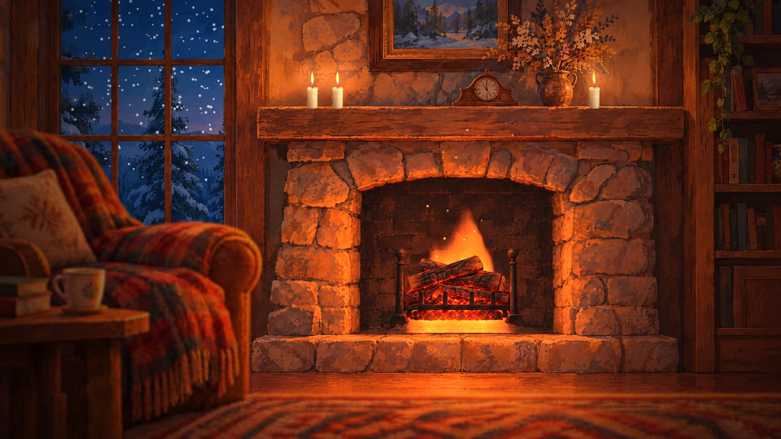 Fireplace with a window onto a snowy night