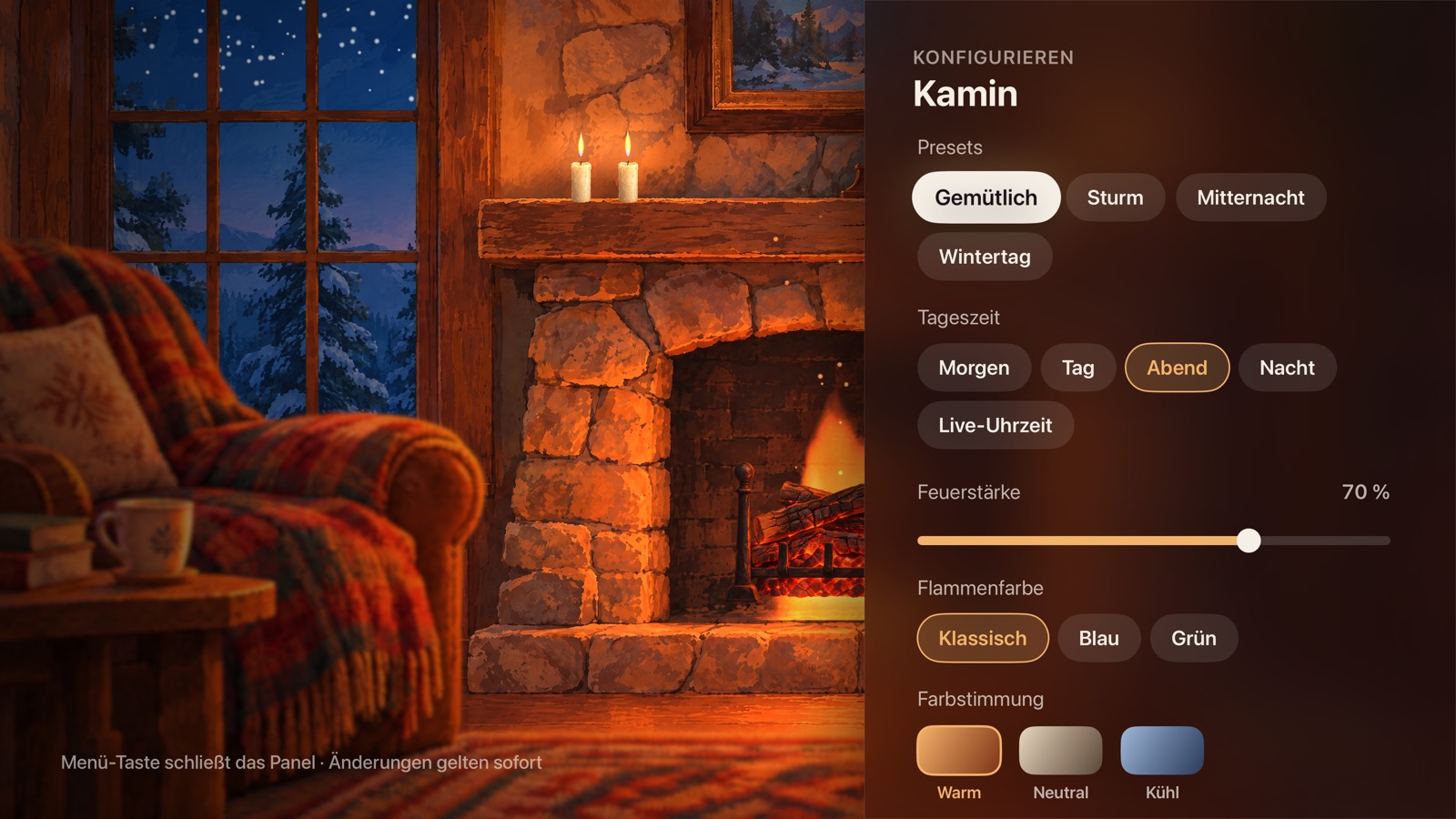 Einstellungen der Kamin-Szene mit Presets und Reglern