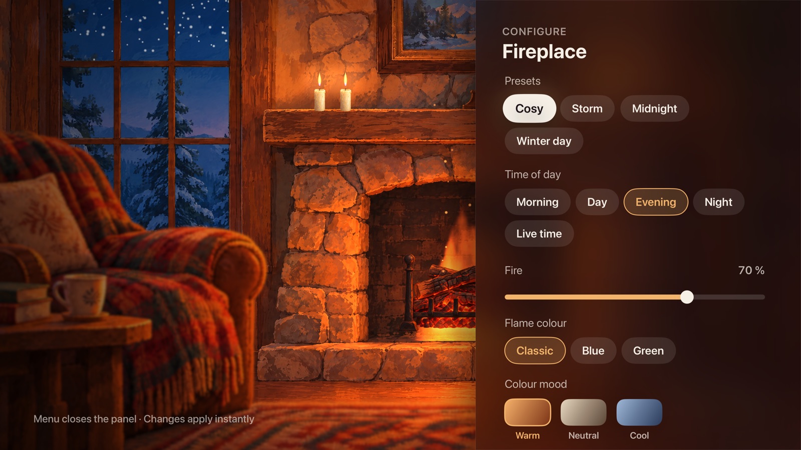 Settings of the fireplace scene with presets and controls
