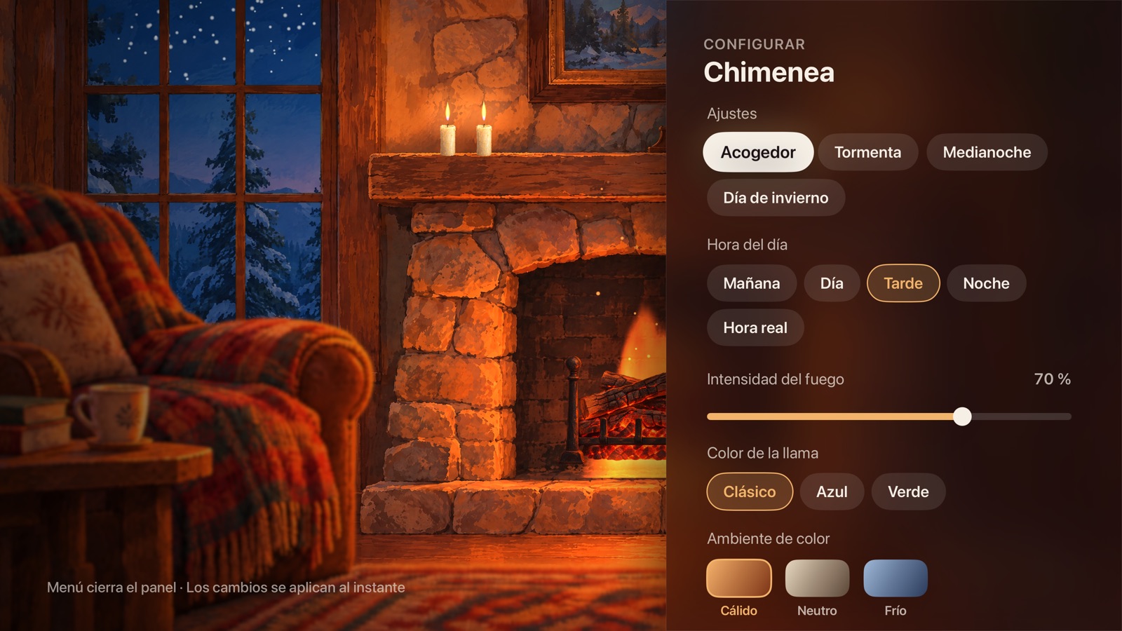 Ajustes de la escena de la chimenea con preajustes y controles